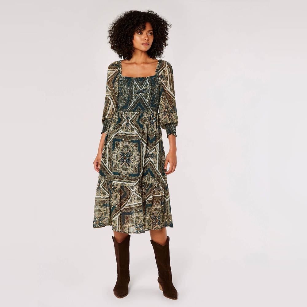 Scarf print dress with smocked bodice and cuffs by Brit brand Apricot